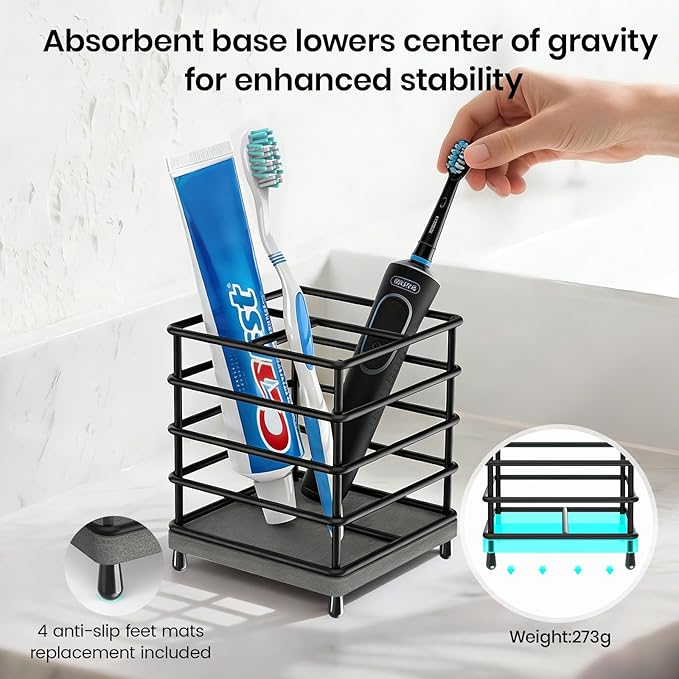 BOTEMY Toothbrush Holders with Quick Drying Mat—Black Toothbrush and Toothpaste