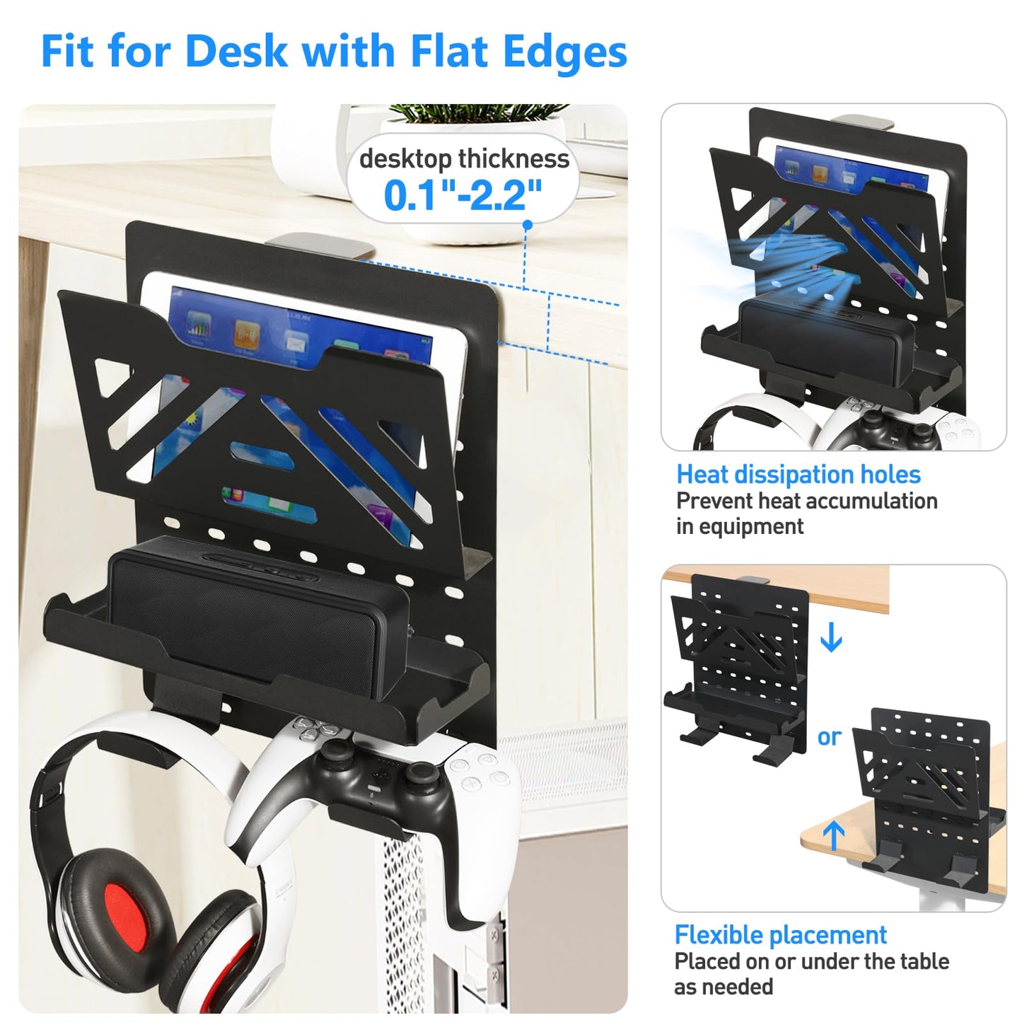 MAXECHO Desk Side Storage, Under Desk Laptop Mount, Table Side Hanging File Organizer, No Drill Clamp On Cable Management Tray, Laptop Holder with Magnetic Pen Holder for Office and Home, Load 22 Lbs