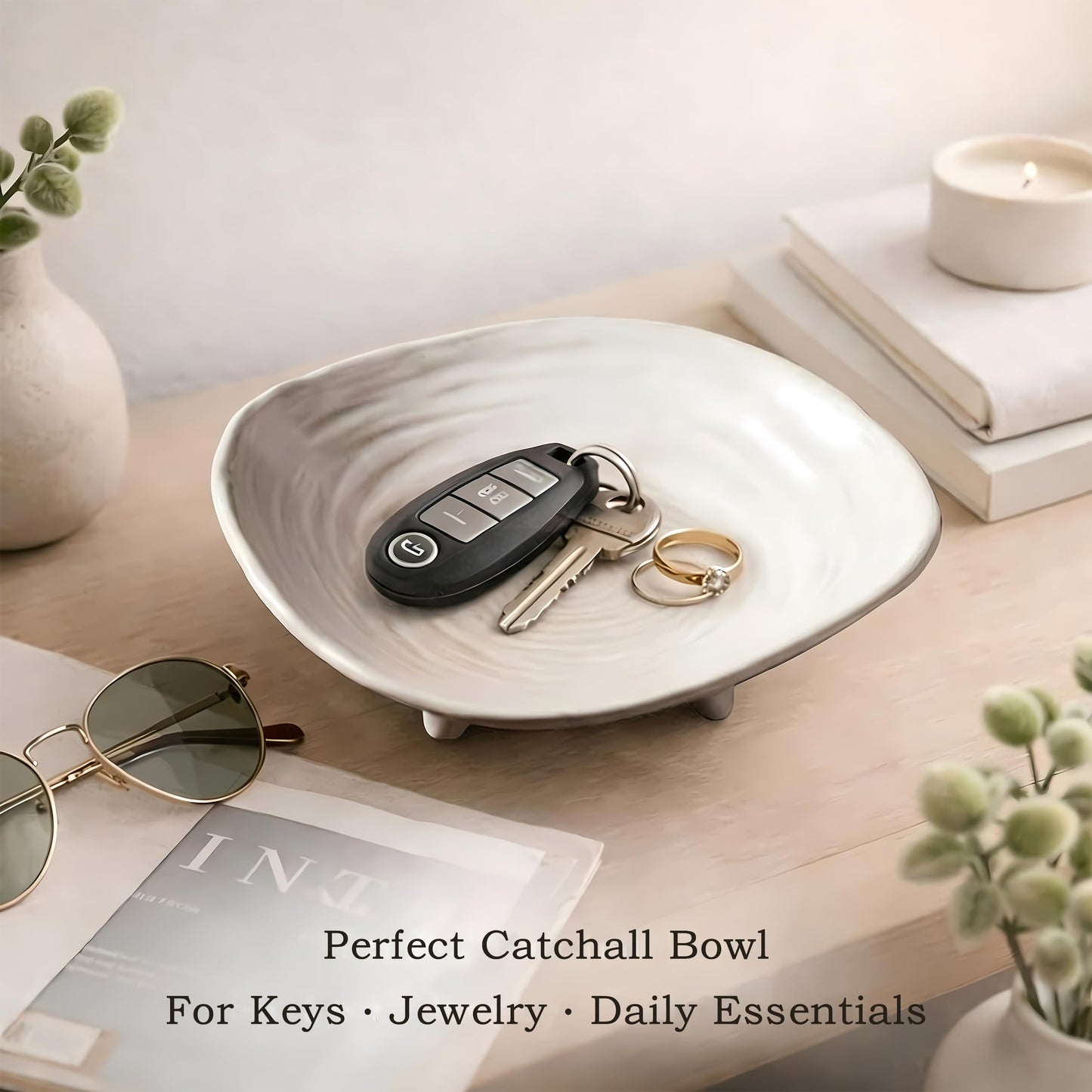 BSTUR Small Decorative Bowl, 6” Ceramic Key Bowl for Entryway Table, Multi-Purpose Decorative Bowls for Candy, Jewelry and Home Decor（Retro White）