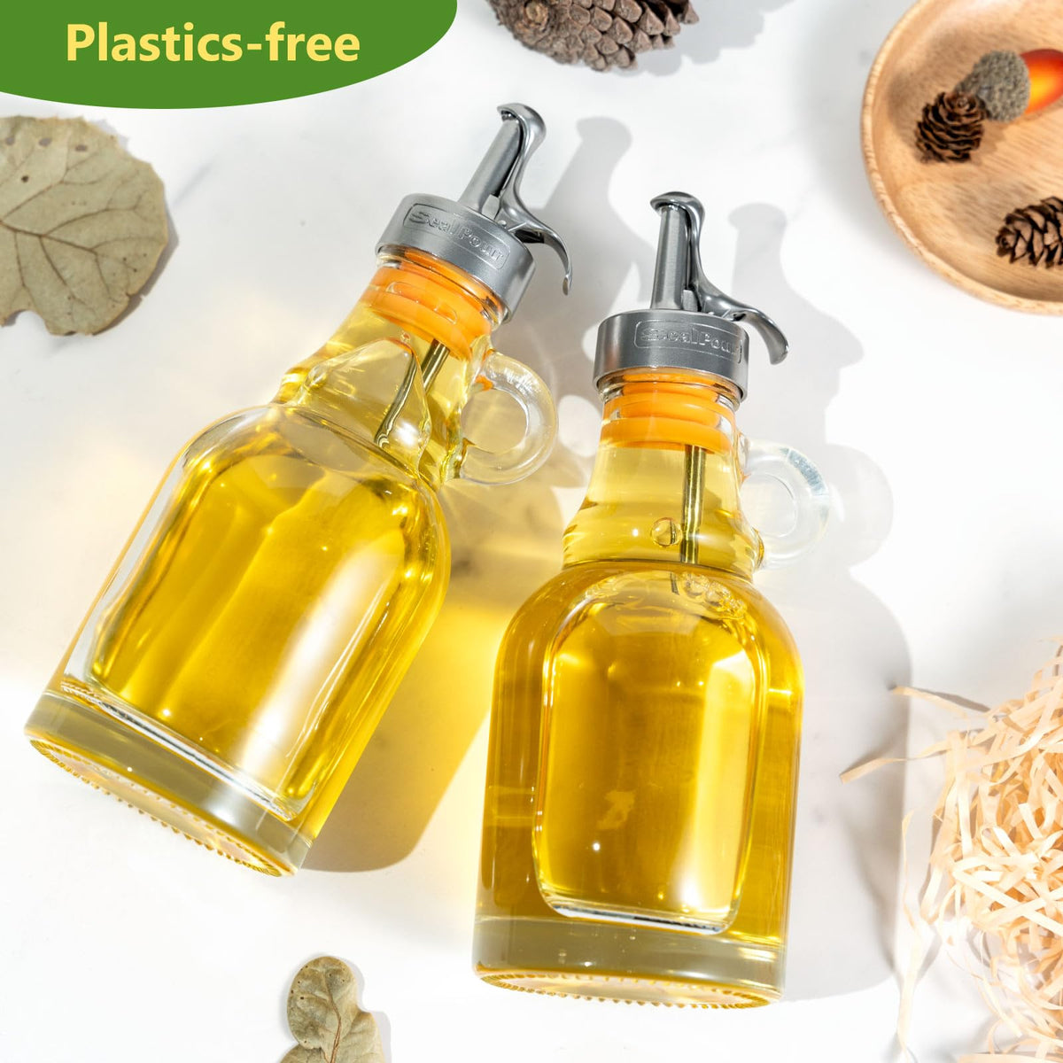Olive Oil Dispenser Bottle,Glass Oil Dispenser with Stainless Steel Spouts,Oil Bottles for Kitchen, Oil Dispenser Bottle with Drip Free Spouts (2pcs) 12 oz