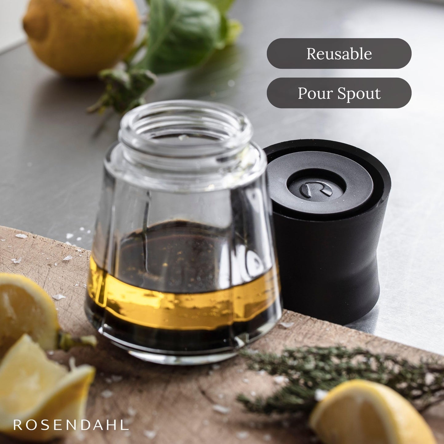Rosendahl Grand Cru 8.5 Oz Dressing Shaker - Elegant Black Glass Container with Push-Button Lid, 360-Degree Spout for Easy Pouring, Leak-Proof, Multifunctional Kitchen Essential for Homemade Dressings