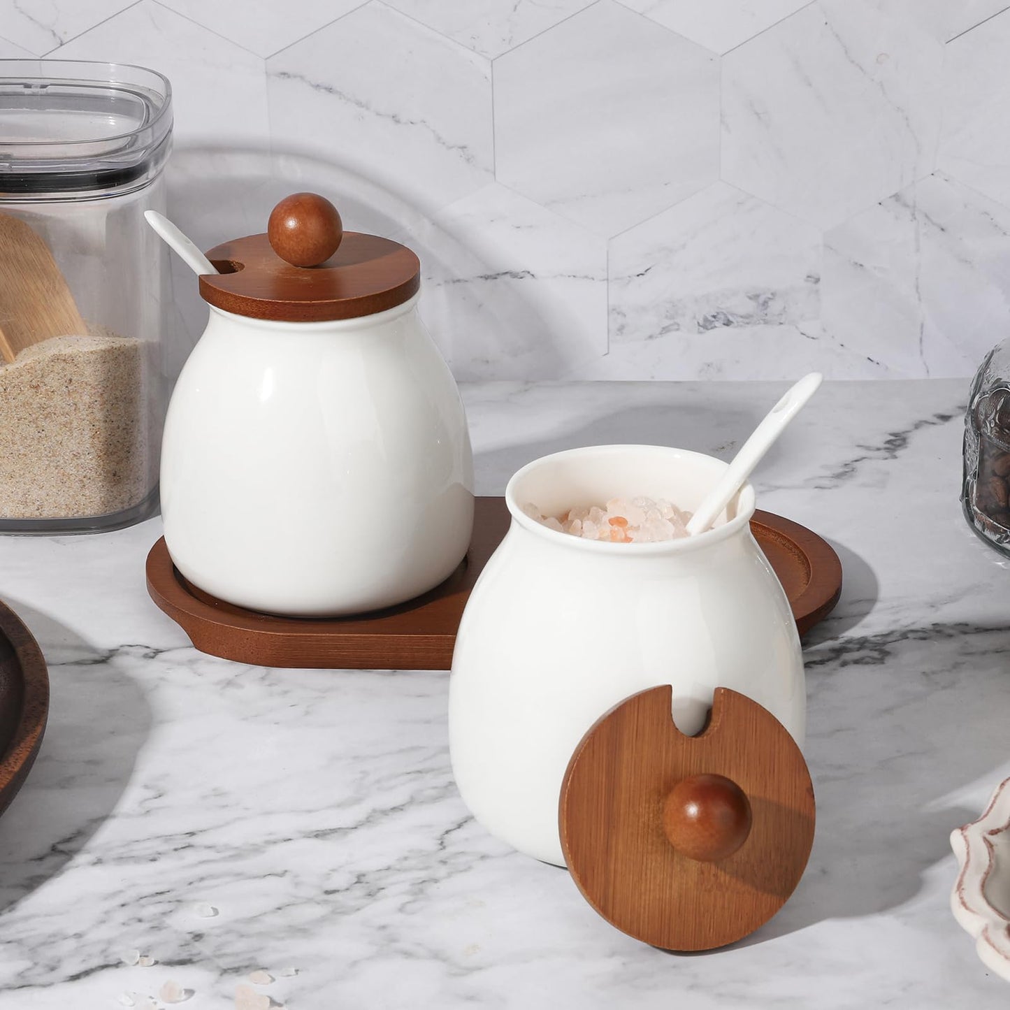 Sailench Ceramic Sugar Bowl Set of 2, Sugar Bowl with Lid and Spoon,Sugar Jar Container Set for Coffee Bar Kitchen Home (2, White)