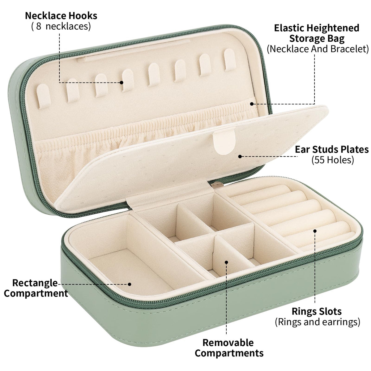 DesignSter Travel Jewelry Box, PU Leather Portable Jewelry Case, Small Jewelry Boxes for Gifts, Travel Jewelry Organizer for Women Rings Earrings Necklaces Bracelets (Avocado Green)