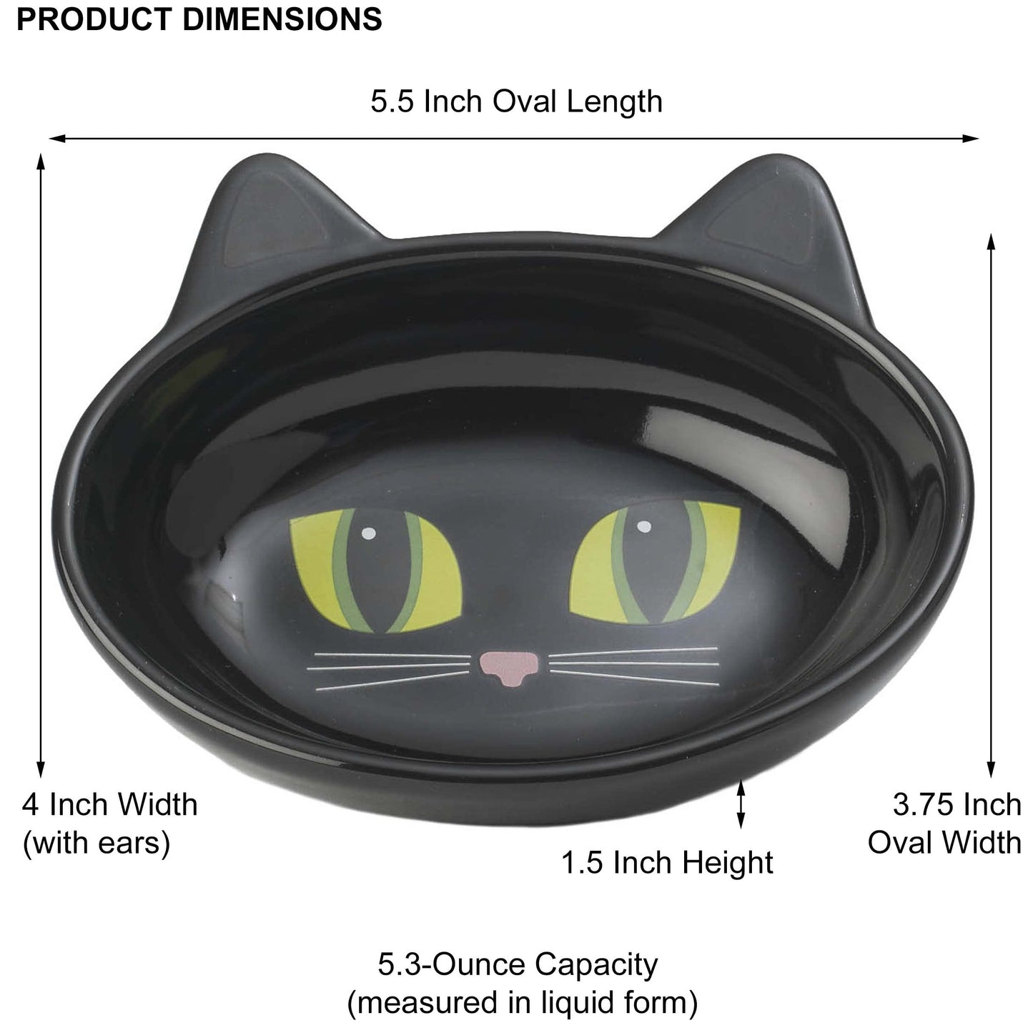 PetRageous 10011 Oval Frisky Kitty Stoneware Cat Bowl 5.5-Inch Wide and 1.5-Inch Tall Saucer with 5.3-Ounce Capacity and Dishwasher Safe is Great for Cats, Ceramic, Black