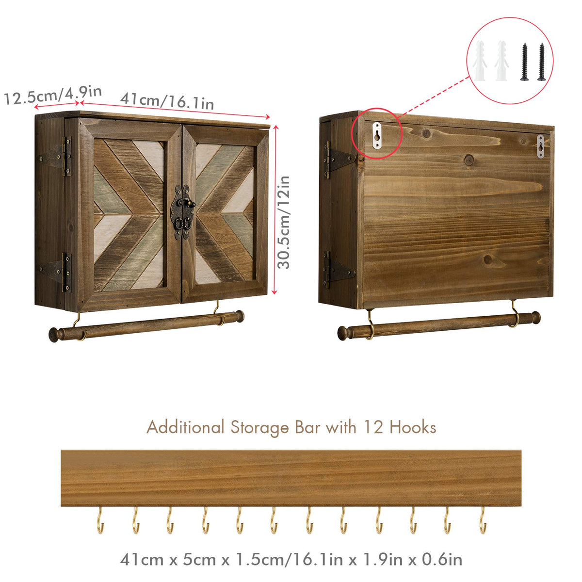 ikkle Wooden Jewelry Organizer Wall Mounted, Hanging Jewelry Holder with Removable Bracelet Rod and Hooks for Necklaces Earrings Bracelets Rings, Brown