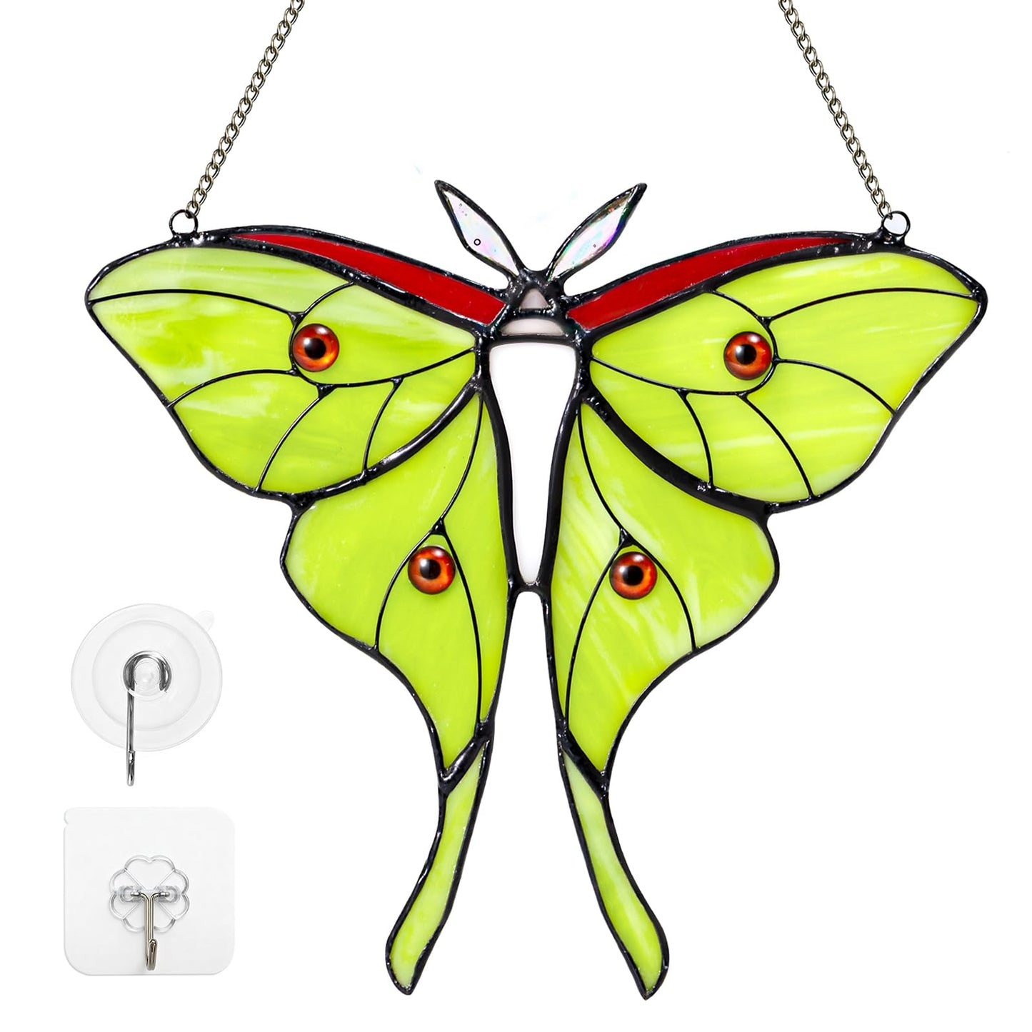 Luna Moth Stained Glass Window Hanging - Handmade Real Glass Suncatcher for Meditation Room, Spiritual Decor, Sun Catcher for Windows, Vibrant Gift for Women & Mom, 7.3 Inch Green Glass Art