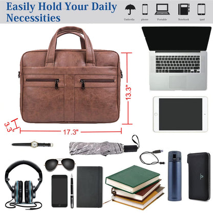 seyfocnia Men's Business Travel Briefcase Leather Messenger Bags Laptop Bag 17.3 inch Work Computer Bag Satchel Bag (Brown)