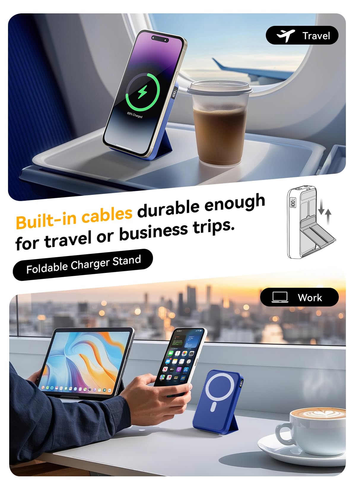 Magnetic Portable Charger, 10000mAh Wireless Power Bank with 20W USB-C Fast Charging, Foldable Stand & LED Display Magnetic Battery Pack, Compatible with iPhone 16/15/14/ All Series