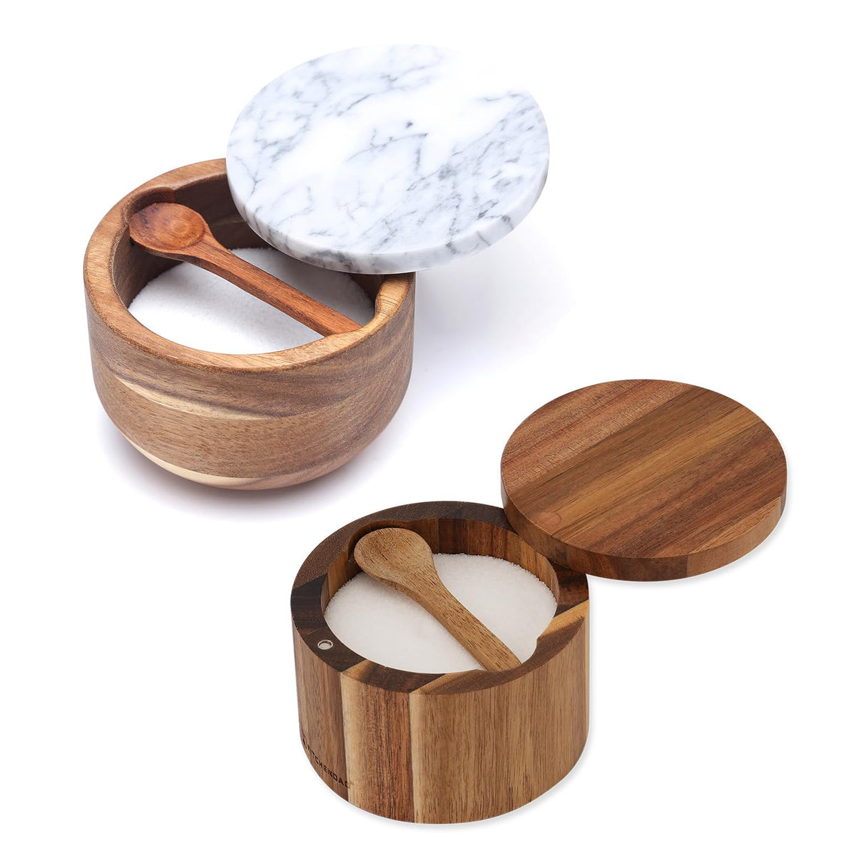 KITCHENDAO Marble Lid Acacia Salt Cellar Box Bowl with Built-in Spoon and Swivel Magnetic Lid Acacia Salt Cellar Box with Built-in Spoon