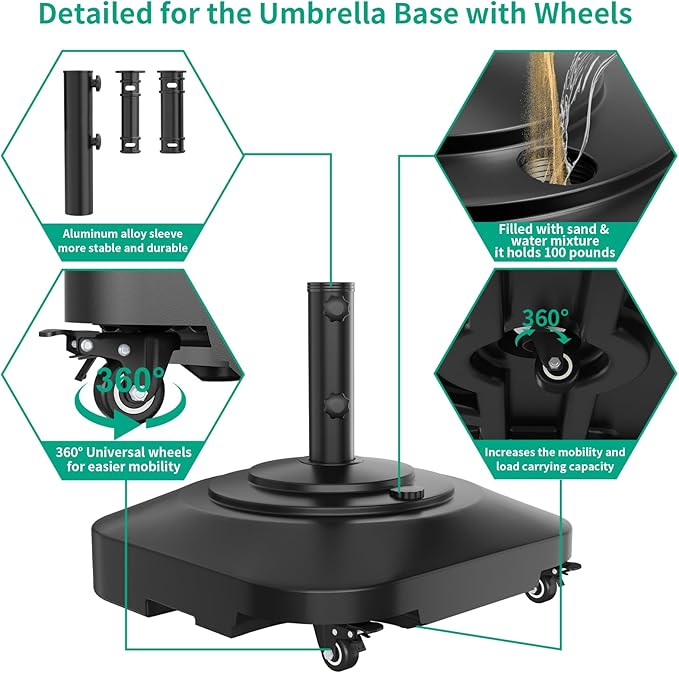 Umbrella Base with Wheels, Umbrella Stand Base Heavy Duty 100lb Windproof, Fillable Umbrella Base Mobile Square Umbrella Stand Outdoor Base for Patio, Deck, Poolside, Lawn, Fits Most Sized Umbrellas
