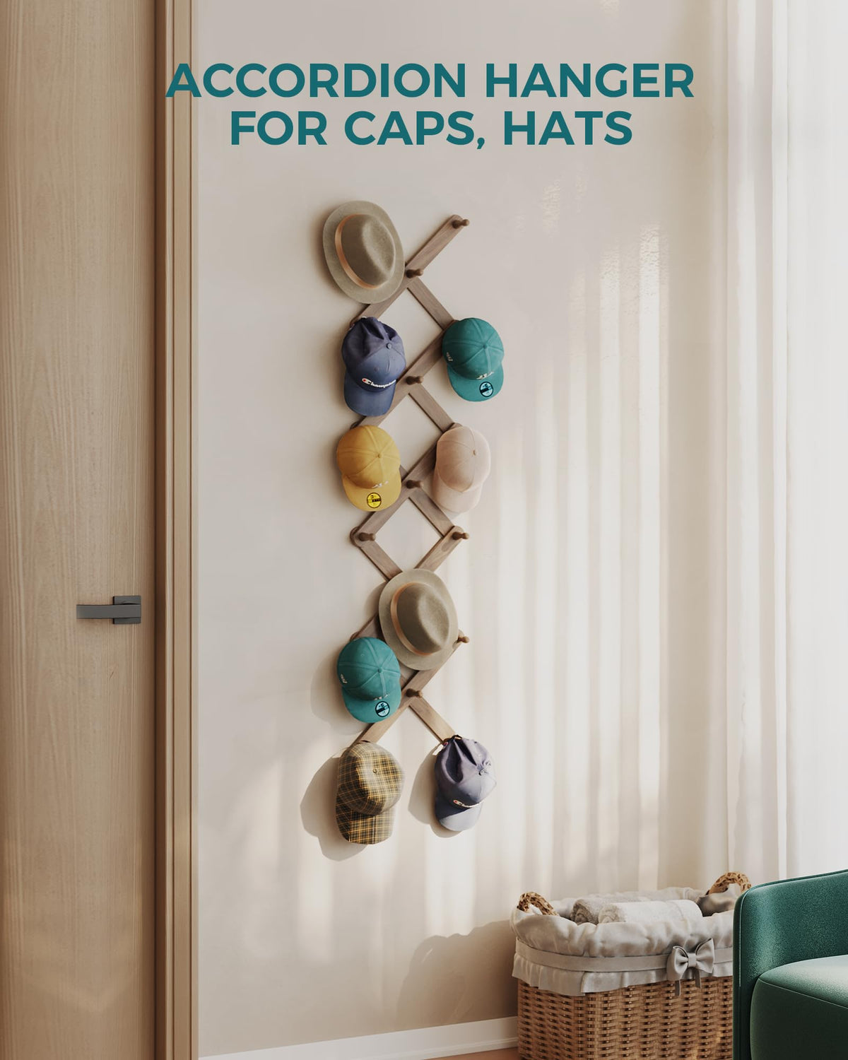OROPY Accordion Wall Hanger with 17 Pegs, Expandable Wooden Coat & Hat Rack