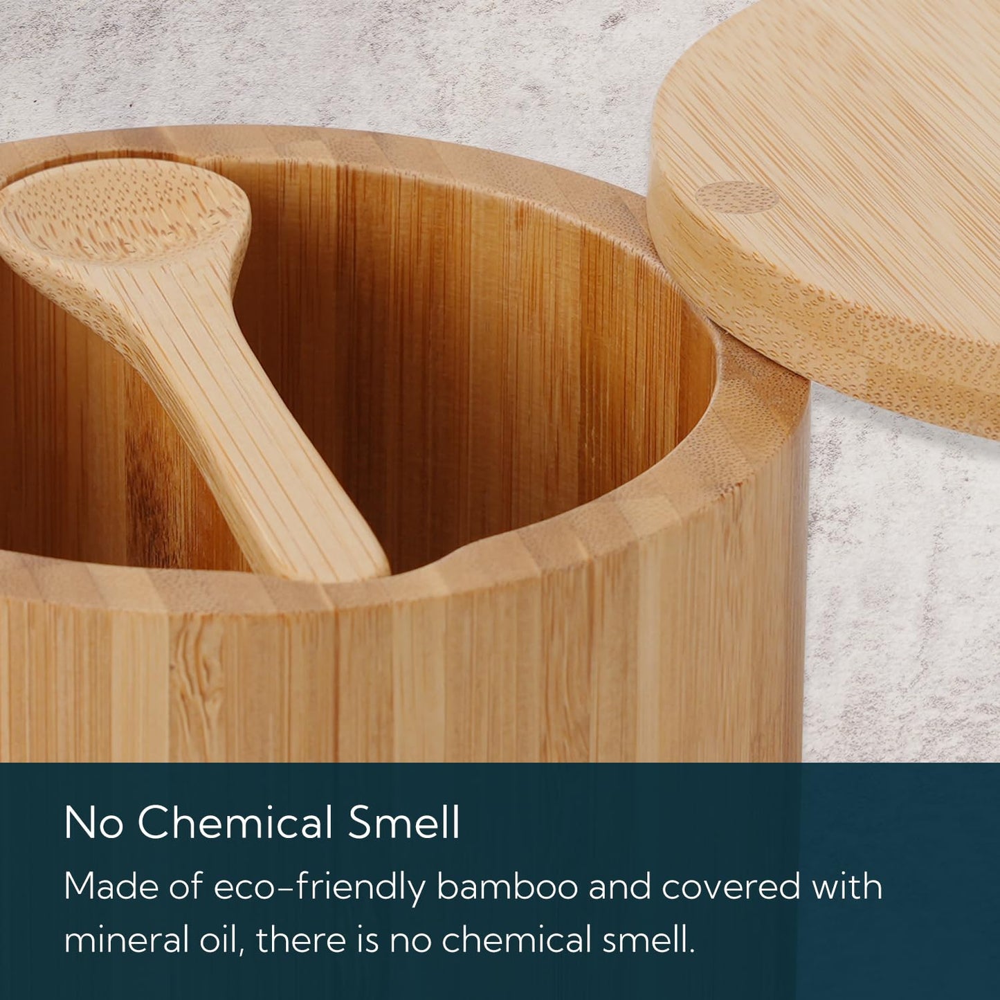 KITCHENDAO Bamboo Salt and Pepper Bowl Box Cellar, Built-in Spoon, Two Compartments Spice Seasoning Container, Sea Salt Cellar Holder, Magnetic Swivel Lid, Dual 5oz Capacity