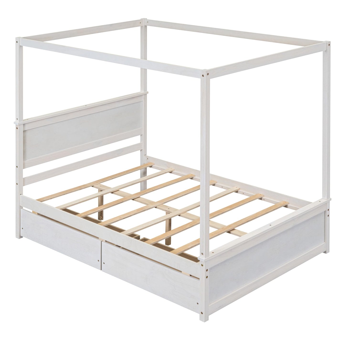 GDFStudio Full Size Canopy Bed Frame with 2 Storage Drawers, Solid Pine Wood Platform Bed Frame Full Size with Headboard Slat Support, Canopy Full Size Bed Frame, No Box Spring Needed, Brushed White