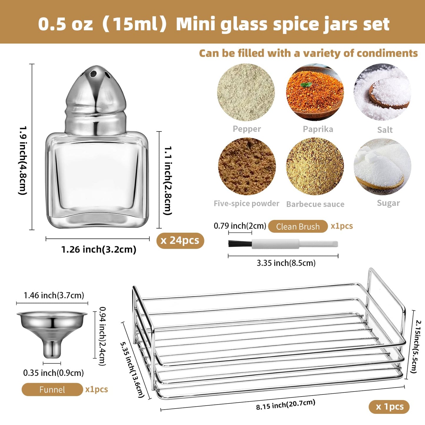 24 Pcs 0.5 oz Cube Shape Small Salt and Pepper Shakers Clear Mini Glass Seasoning Jars Spice Salt Shakers with Funnel and Storage Rack for Wedding Party Restaurant Home Kitchen (Silver)