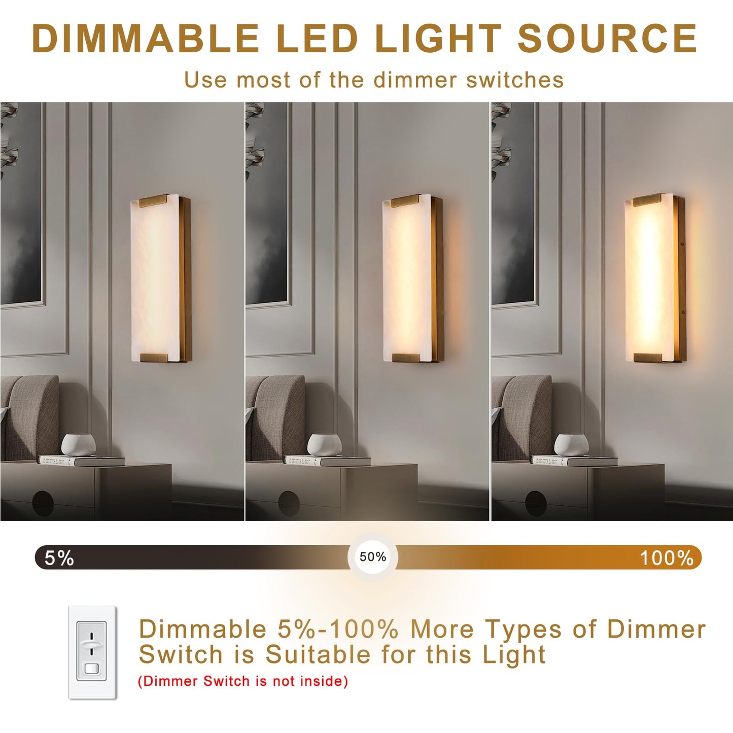HOMLUCE 14.2in Alabaster Wall Sconces, Large Natural Marble Wall Sconces Set of Two, LED Modern Wall Lamp for Bedroom, Stairs, Living Room, Vanity, Bedside, Hallway （Brushed Bronze 12W）