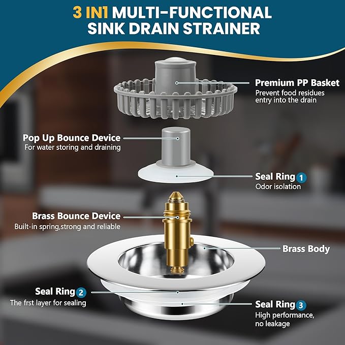 3-in-1 Kitchen Sink Strainer & Stopper, Stainless Steel Finish Pop Up Drain
