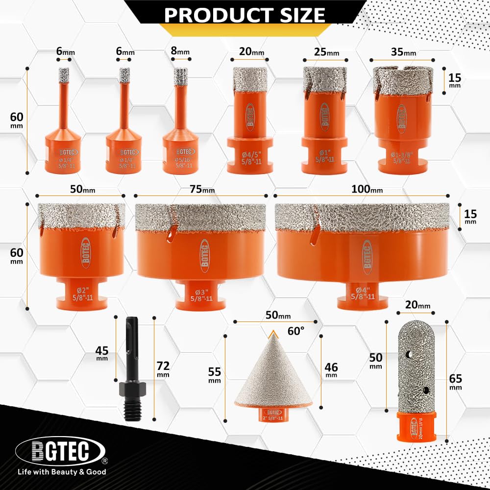 BGTEC Dry Diamond Drill Bits Set 10PCS 6mm and 12pcs 6/6/8/20/25/35/50/75/100mm for Porcelain Tile Marble Granite