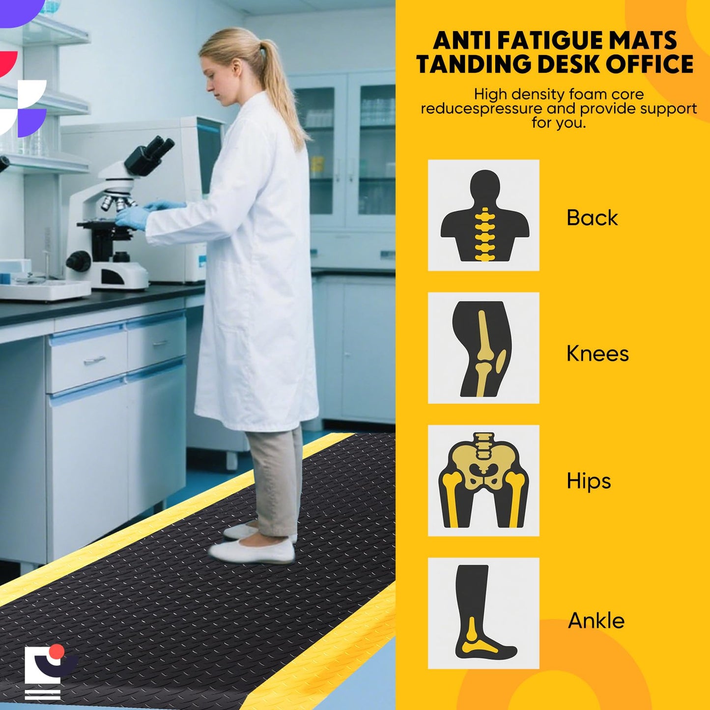 Drydiet 2 Pcs 3'x5' Anti Fatigue Mat Industrial, ESD Conductive Pad with Ground Wire, Heavy Duty Ergonomic Standing Floor Mat for Commercial Work, Shop Stand, Thick 3/4" Black with Yellow Border