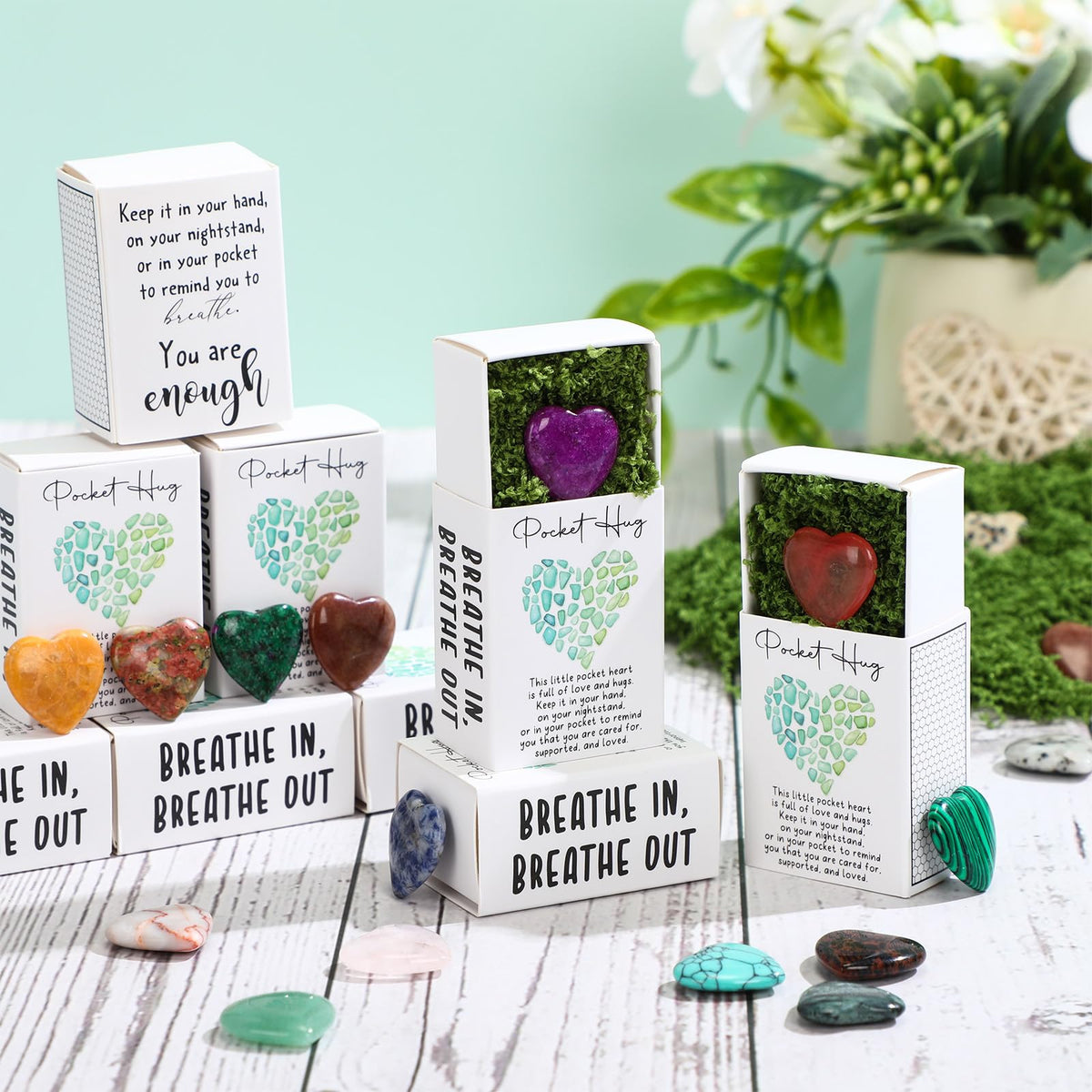 Motipuns 60 Sets Mother's Day Pocket Hug Tokens Bulk Heart Natural Stones Heart Emotional Inspirational Bulk Gifts Positive Cards Thank You Gifts for Office Employees Coworkers Appreciation