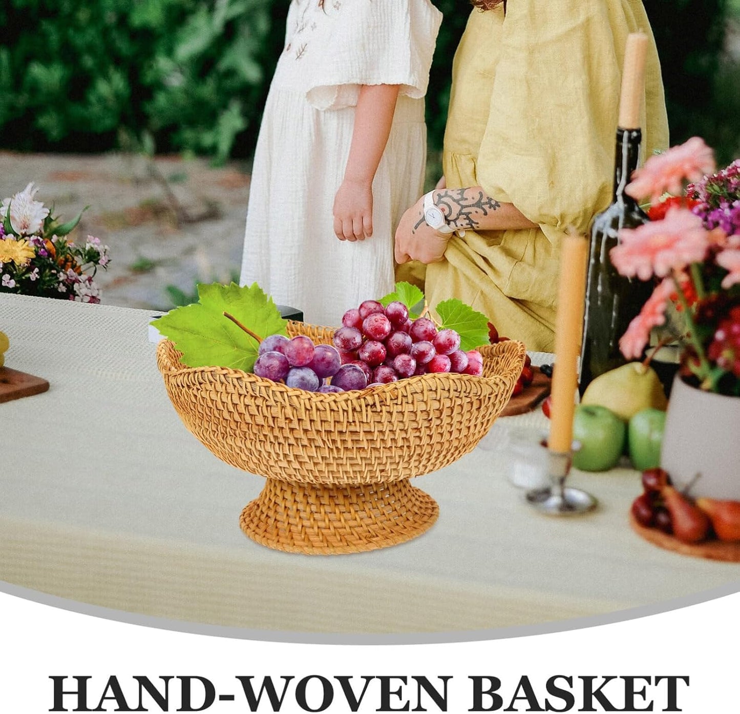 DOITOOL Rattan Fruit Bowl, Woven Footed Bowl Round Pedestal Plate Decorative Bowl for Table Centerpiece, 10 Inch Rattan Footed Bowl Woven Fruit Bowl for Kitchen Counter or Table Decorations