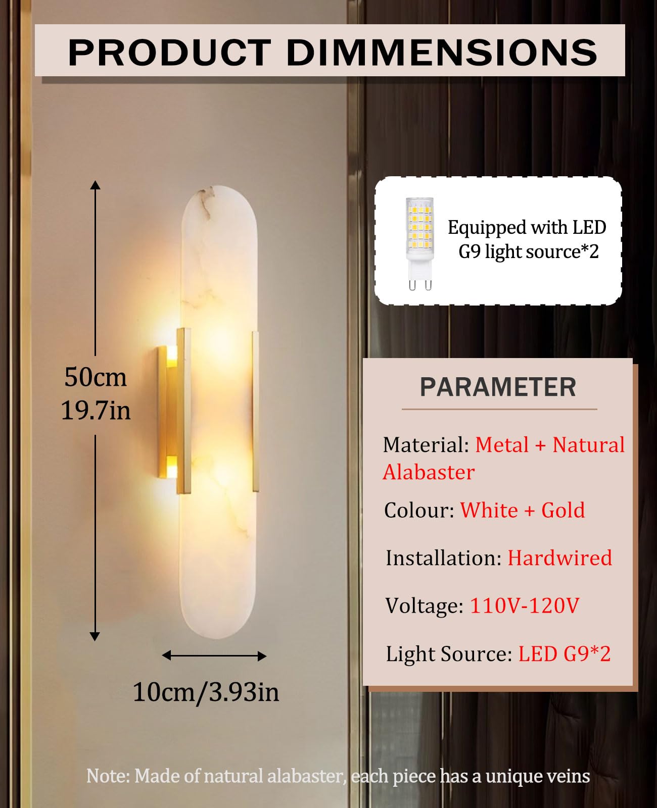 OROILUPU 19.7" Alabaster Wall Sconce Natural Marble Sconce Indoor Mid Century Modern Wall Light Oval Stone Lampshade Vanity Light Fixtures for Living Room Bedroom Dining Room Hallway (Gold)