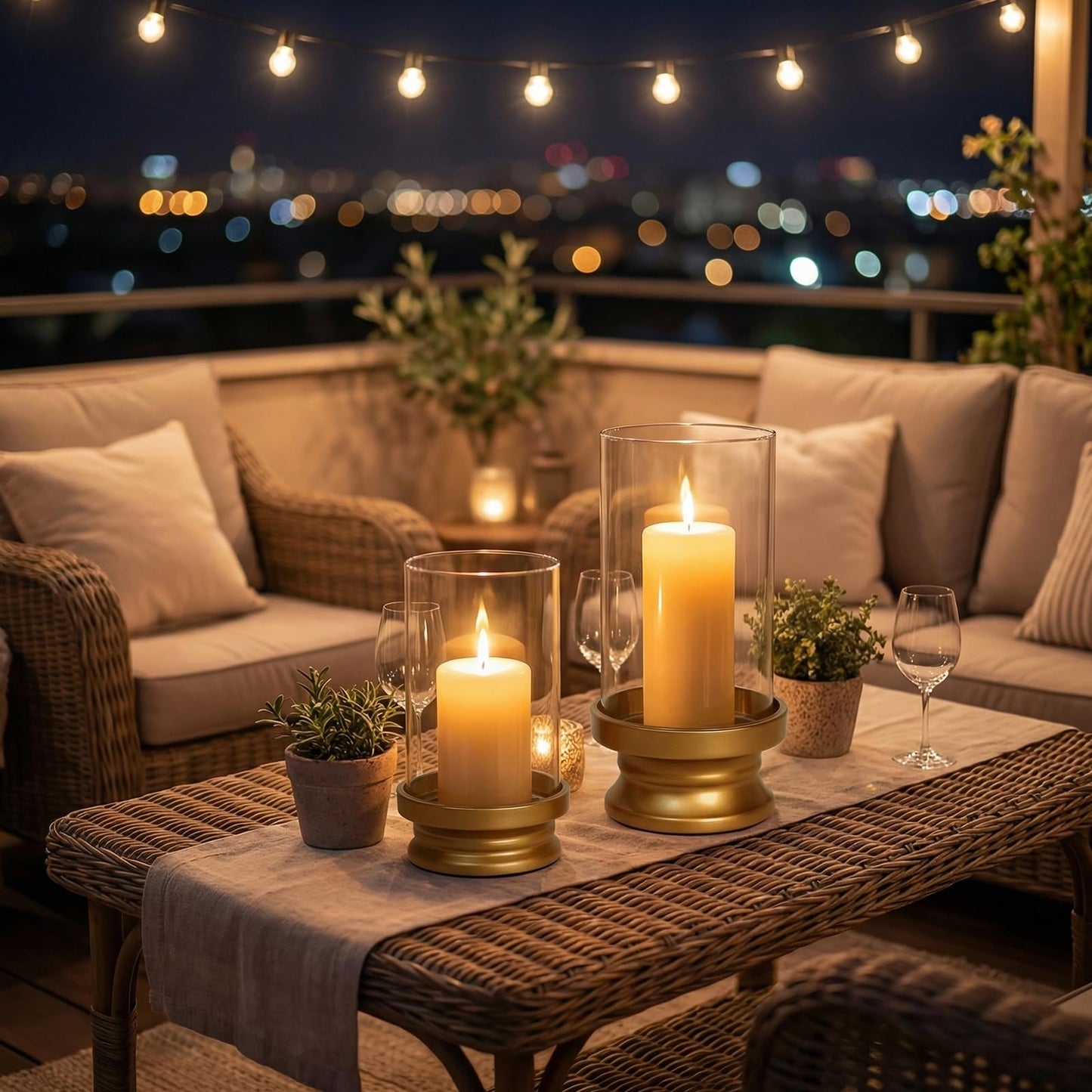 Gold Hurricane Candle Holders Set of 2 with Glass - Modern Pillar Candle Stands for Fireplace Mantel, Dining Table Centerpiece & Home Decor, 7.1" & 9" High