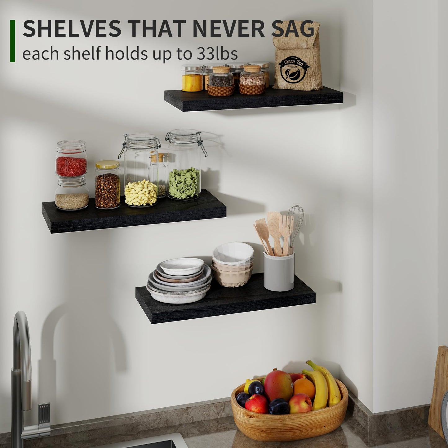 Marsmiles Wood Floating Shelves for Wall Set of 3, 17 Inch Wide Rustic Wooden Floating Shelves, Invisible Wall Mounted Display for Living Room Bedroom Kitchen Bathroom Office, Black