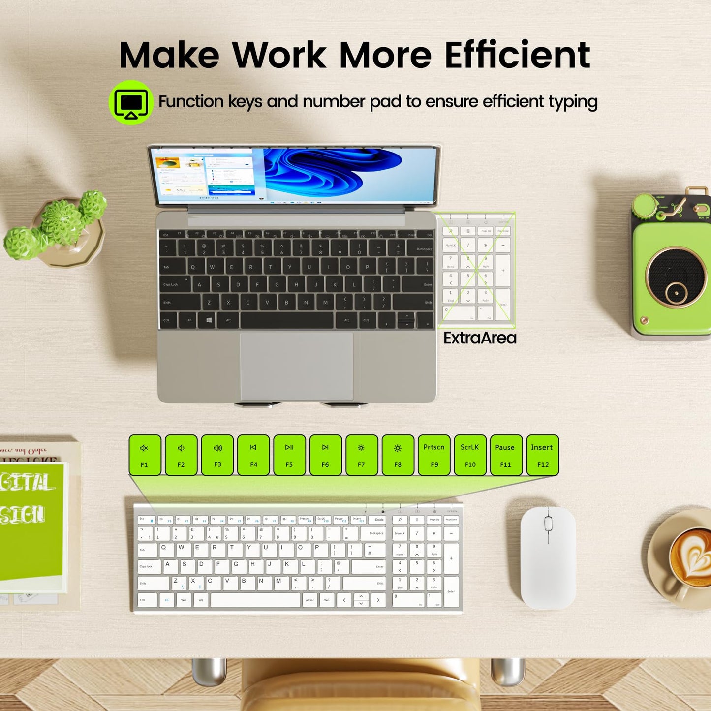 seenda WGJP-031B Wireless Keyboard Mouse Set, Ultra Thin Compact Rechargeable Aluminum Silent Computer Keyboard & Mouse Combo UK QWERTY Layout for Office, Home, Business, Silver White