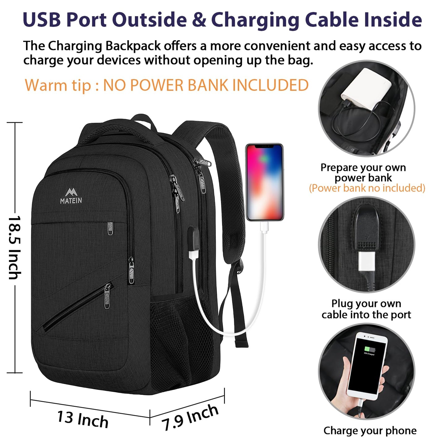 MATEIN Travel Laptop Backpack,17 Inch Business Large Backpack Bag With USB Charging Port, Water Resistant Work Rucksack Anti Theft Lightweight for College High School Men Women Casual Daypack, Black