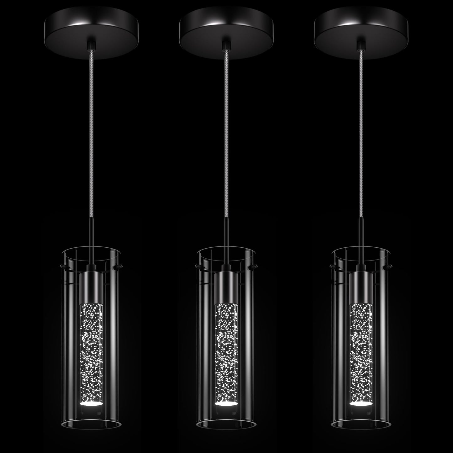 Esfos Pendant Ceiling Light Fixture, 6500K LED Kitchen Lighting Crystal Pendant Lights Kitchen Island Brushed Black, Glass Kitchen Hanging Light Fixture Modern Island Light with Crystal Bubble 3 Pack