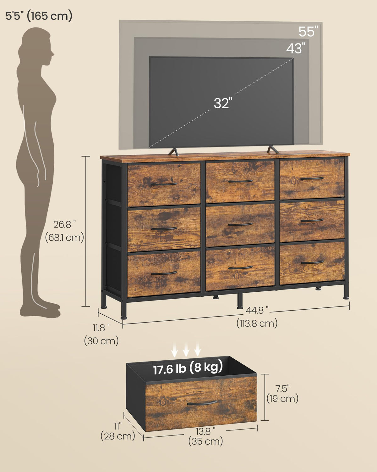 SONGMICS BELLAH Collection - Dresser for Bedroom, TV Stand for TVs Up to 55 Inches, Chest of Drawers for Living Room, Closet, Steel, 9 Drawers, Industrial, Rustic Brown and Ink Black ULGS033KD02S