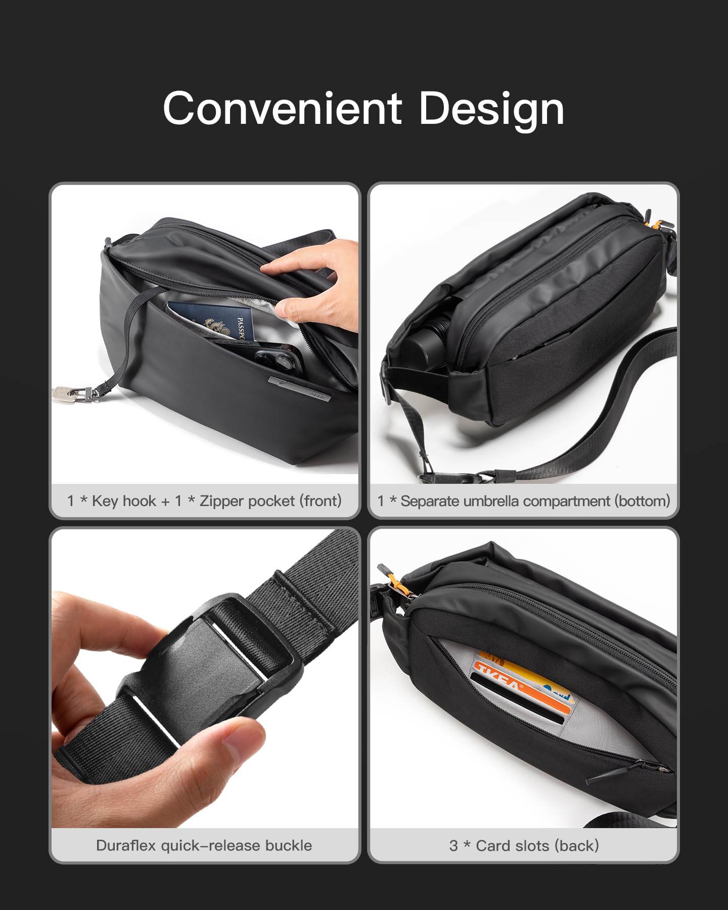 Inateck Sling Bag X, 4L Stylish Crossbody Shoulder Chest Belt Bum Bag with Adjustable Shoulder Strap, Water-Resistant Waist Fanny Pack for Men, Women, Travel, Daily Use, Cycling, Hiking, Black
