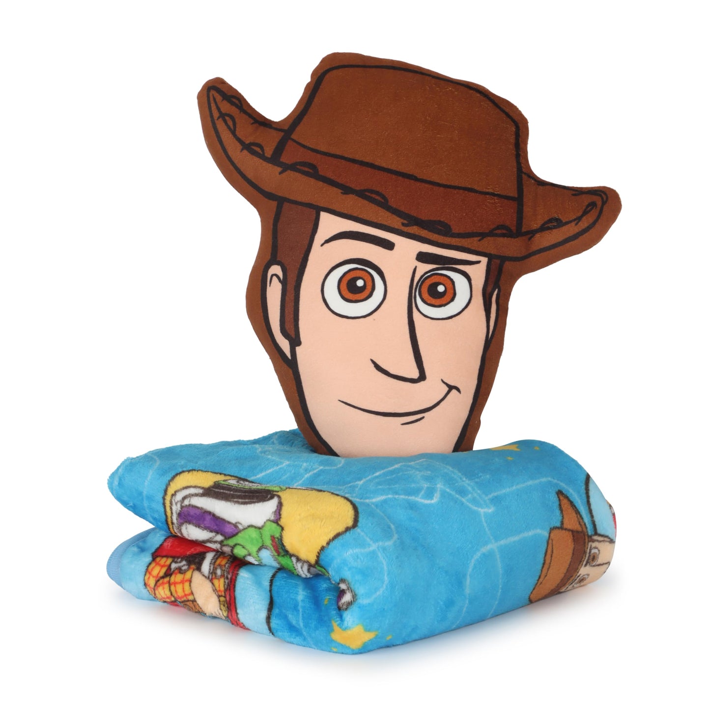 Jay Franco Kids Nogginz Set – 12" Inches Nogginz Pillow & 40" x 50" Inches Cozy Plush Throw Blanket, Ultra-Soft Character Nap Set for Travel, Bedroom & Couch Décor, Blue - Toy Story Woody