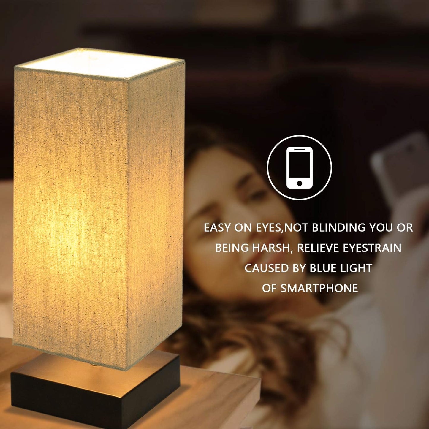 Touch Control Table Lamp Bedside 3 Way Dimmable Touch Desk Lamp Modern Nightstand Lamp with Square Fabric Lamp Shade Simple Night Light for Bedroom Living Room Office, Led Bulb Included