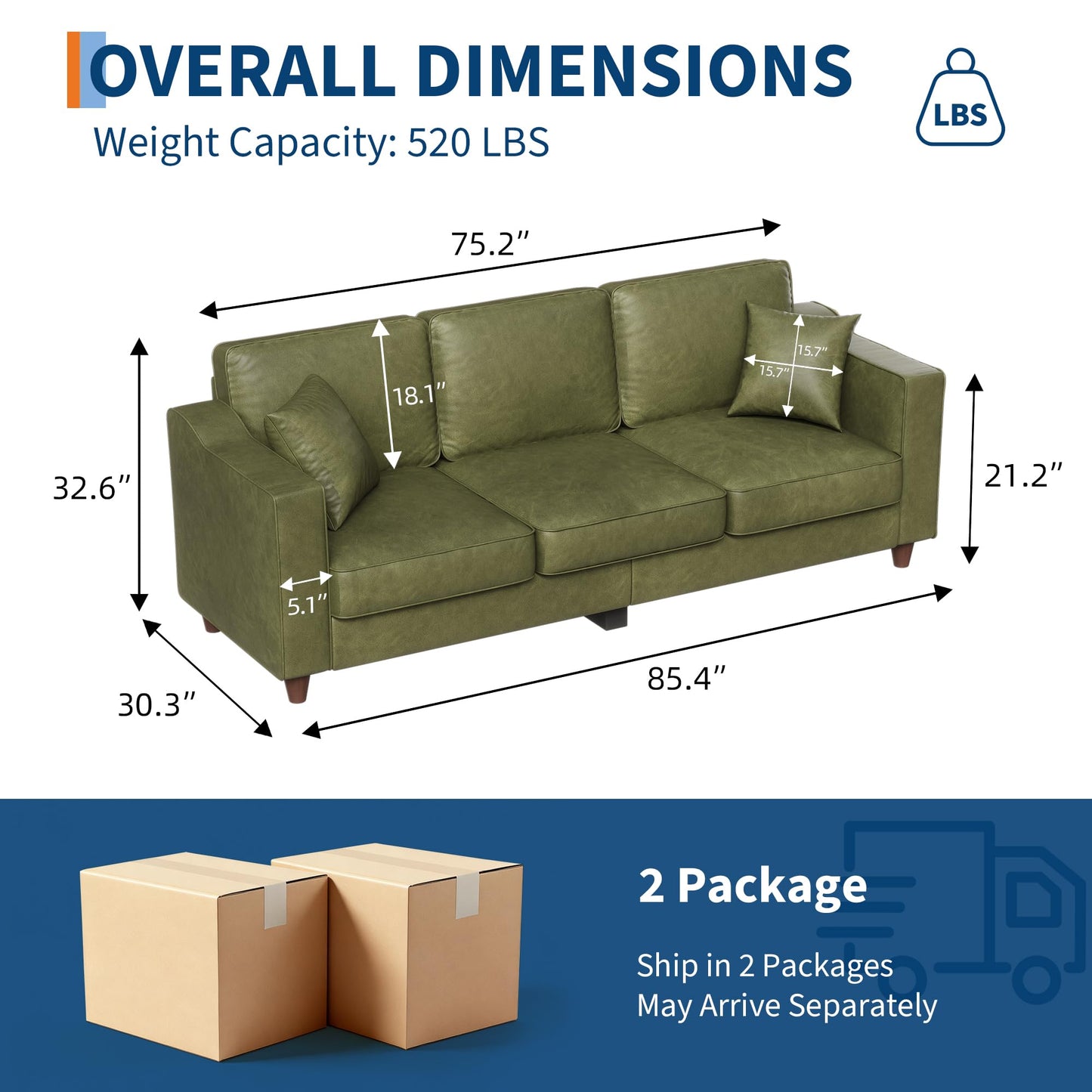 Garvee 85 Inches 3-Seater Sofa Couch with 2 Throw Pillows, Faux Leather Couch with Wide Armrests, Wood Legs, Deep Seats, Back Cushion, Sturdy Support Feet, Sofa Couches for Living Room, Olive Green