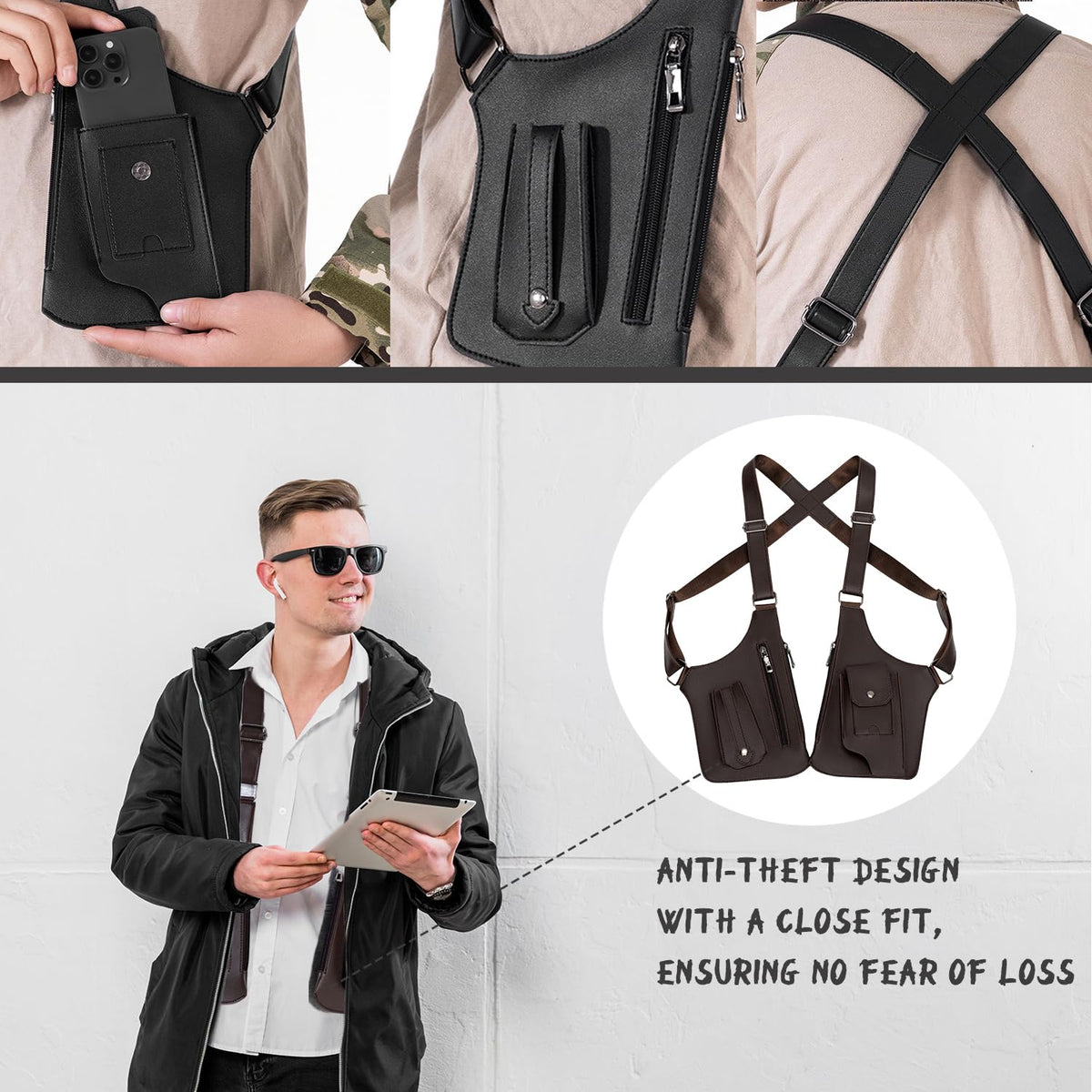 ocalil Double Shoulder Armpit Bag, 2026 New Men Anti-Theft Underarm Wallet Pocket Holster Phone Leisure Double Shoulder Pouch (brown)