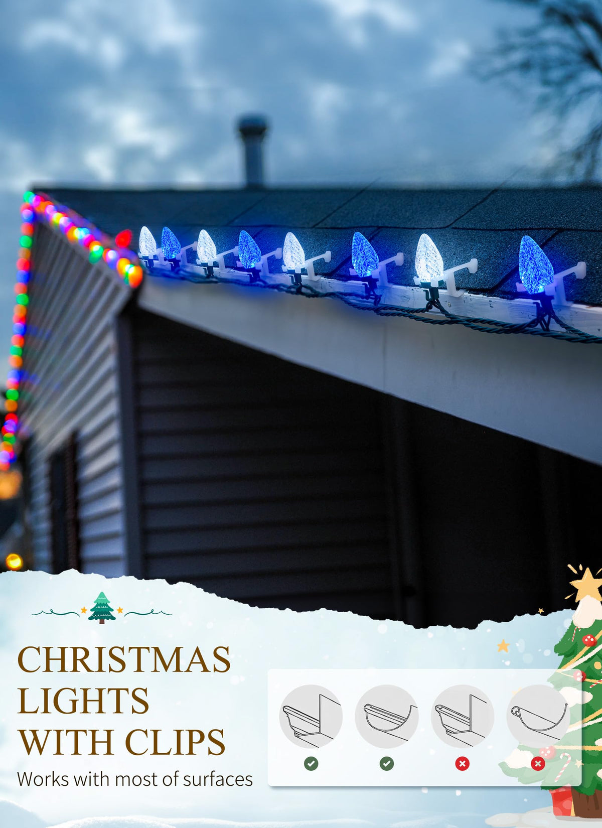 C9 LED Christmas Lights Outdoor, 68 Ft 100 LED String with clips, Waterproof Christmas Tree Lights for Outside Roofline, Garden Decor, Blue & White