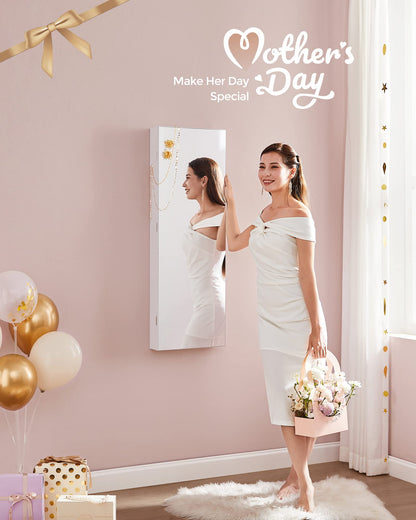SONGMICS Hanging Jewelry Cabinet, Wall-Mounted Cabinet with LED Interior Lights, Door-Mounted Jewelry Organizer, Full-Length Mirror, Gift Idea, White UJJC99WT