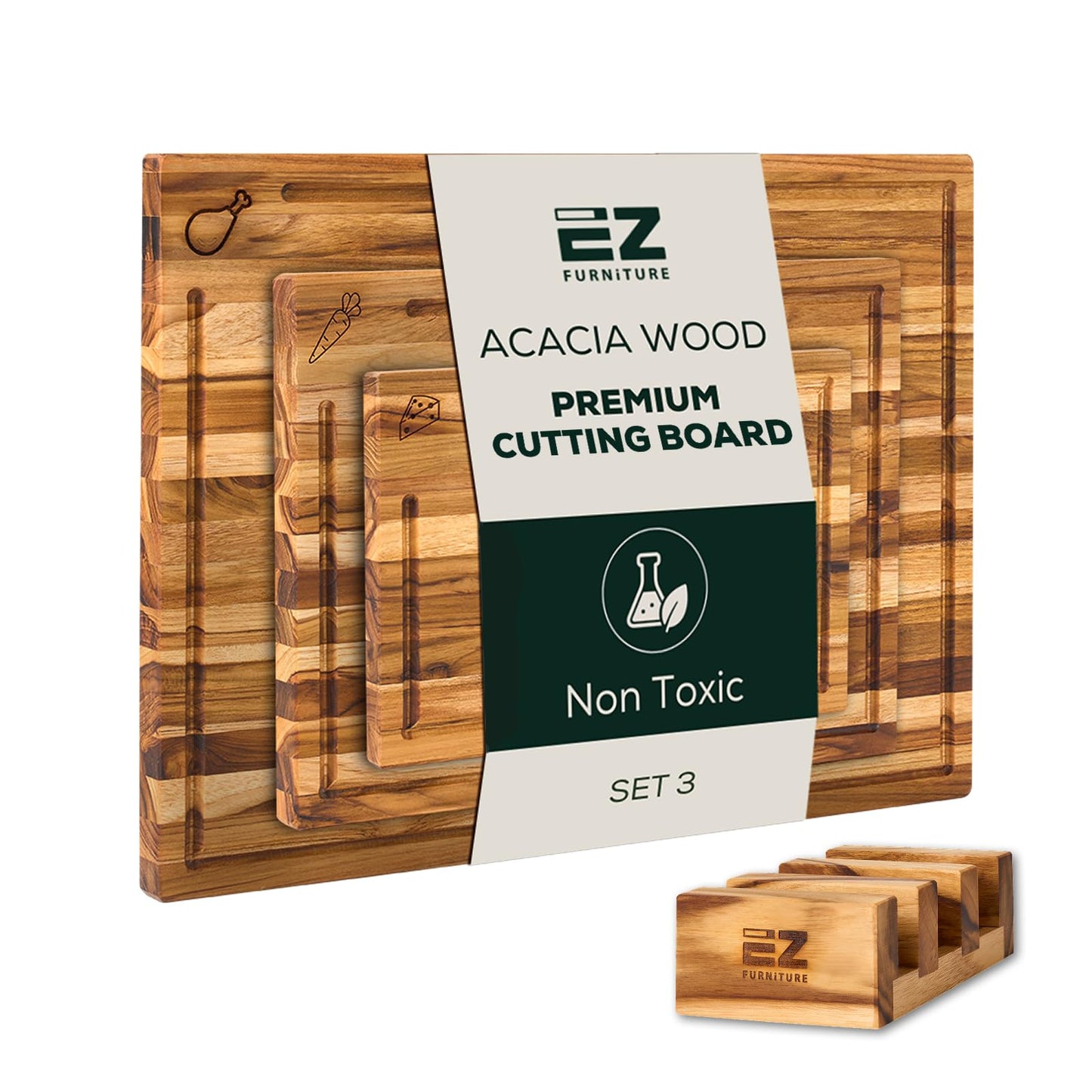 EZ FURNITURE Set of 3 Acacia Edge Grain Cutting & Charcuterie Boards with Extra Stand, Reversible Knife-Friendly Wooden Design with Juice Groove & Handles, Non-Toxic, Gift Box Included