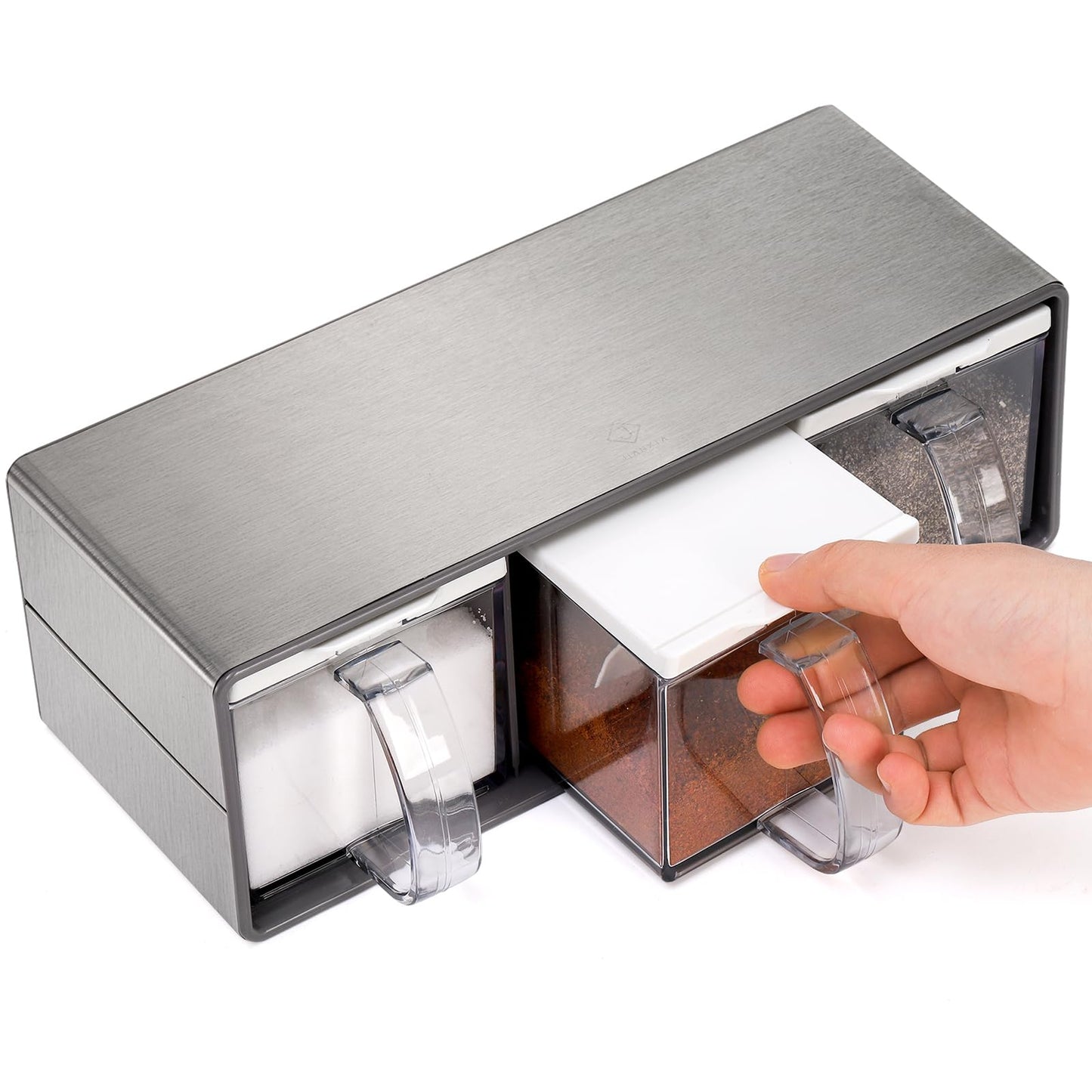 ZENFUN 3 Grids Seasoning Organizer Box, Stainless Steel Salt Container with Lid and Spoon, Seasoning Containers with Stainless Steel Rack for Home, Kitchen, Cafe, Storing Salt, Sugar, Pepper, Spice