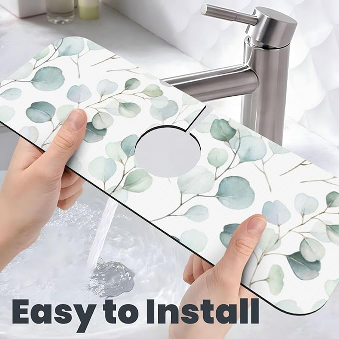 Sage Green Leaves Watercolor Branch Plant Kitchen Sink Splash Guard Faucet Mat