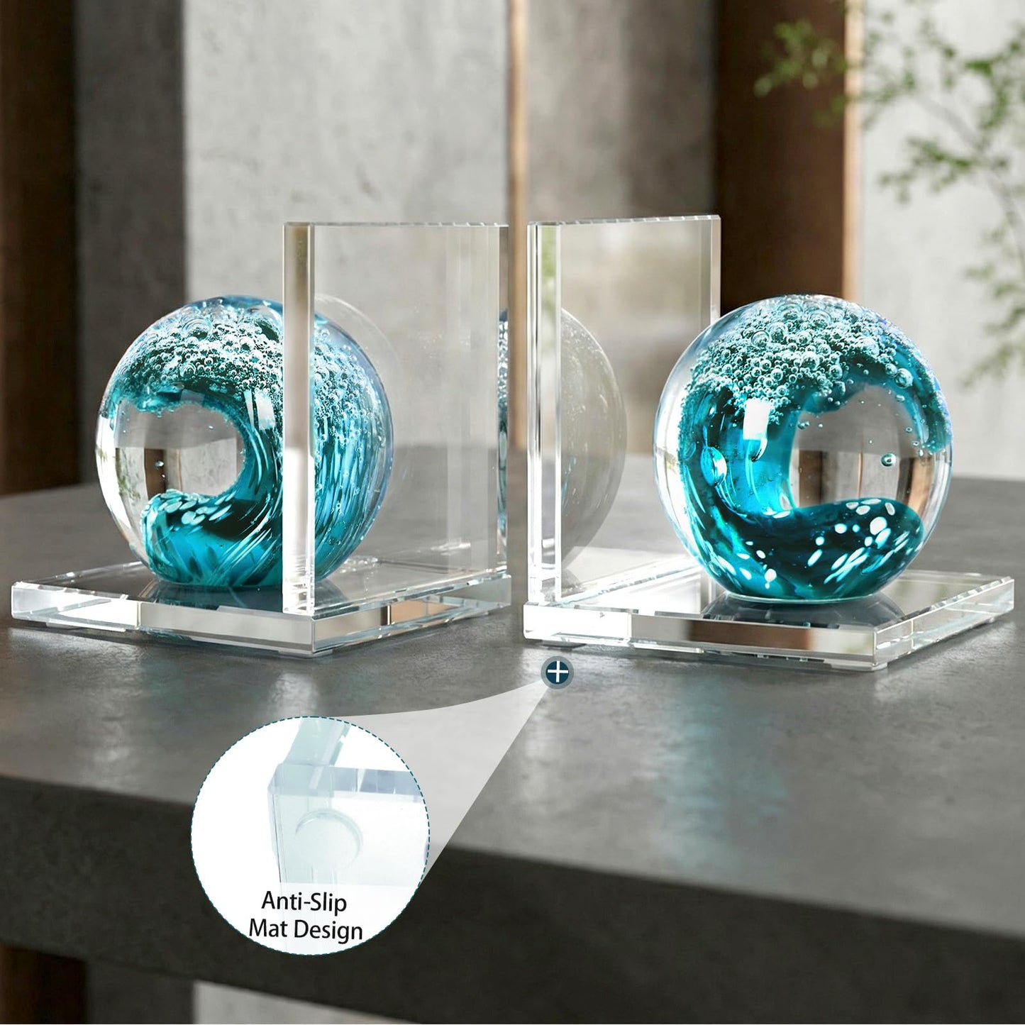 Glass Book Ends Set of 2, L-Shaped Bookends with Sea Wave Ball Design – Non Skid Heavy Duty Decorative Book Stopper for Shelves, Desk, and Home Office