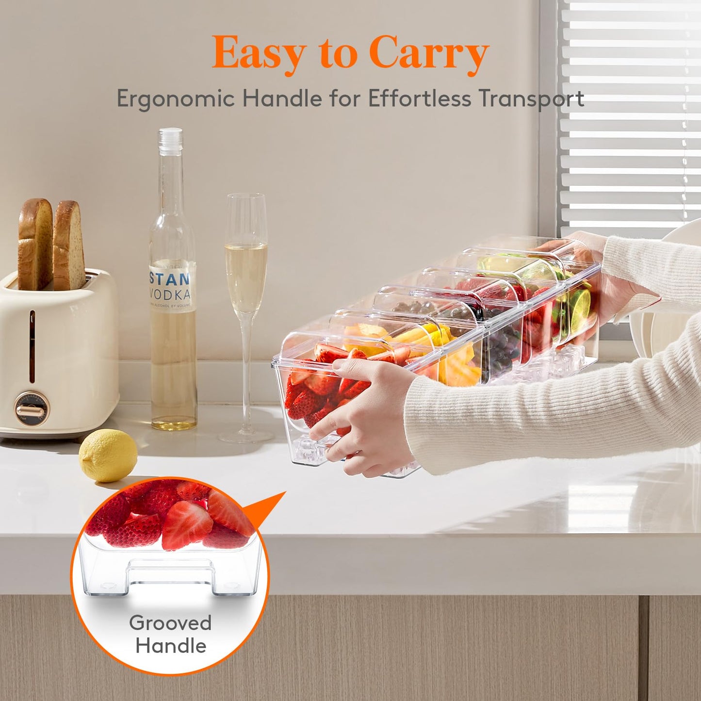 Lifewit Ice Chilled Condiment Caddy with 5x 20oz(2.5 cup) Containers, 15.3" Condiment Server with Separate Lids, Serving Tray Platter with Removable Dishes for Bar, Fruit, Salad, Taco, Party Garnish