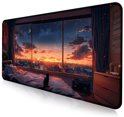 Anime Cat Fantasy Window Mouse Pad, Summer Mouse Pad Large Healing Night Scene, Game Table Pad XL Office Decoration Women's Laptop Keyboard Pad 35.4 x 15.7 x 0.12 Inches