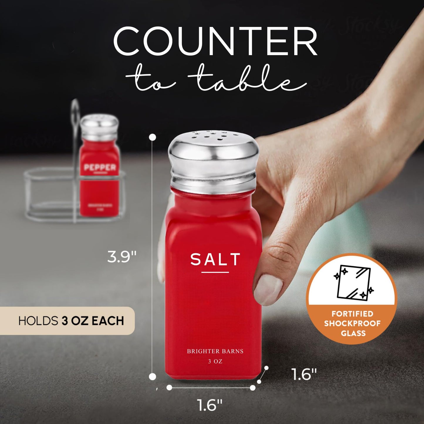 Red Salt and Pepper Shakers Set with Holder by Brighter Barns - Modern Kitchen Decor and Accessories, Dining Room Decor - Cute Salt Shaker with Caddy for Table Centerpiece, Restaurants, Gifts (Red)