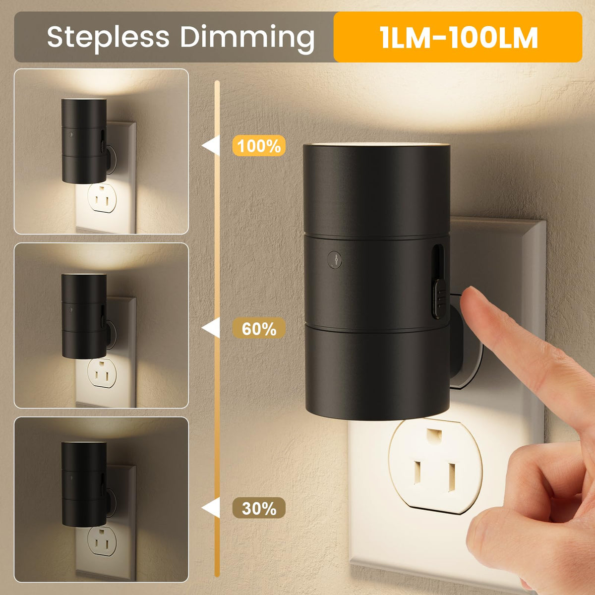 VOLISUN Night Light, Dimmable Led Night Lights Plug into Wall, Amber/3000K/4500K, 0-100LM Adjustable Brightness, Dusk to Dawn Nightlight for Hallway, Bathroom, Bedroom Black 2 Pack