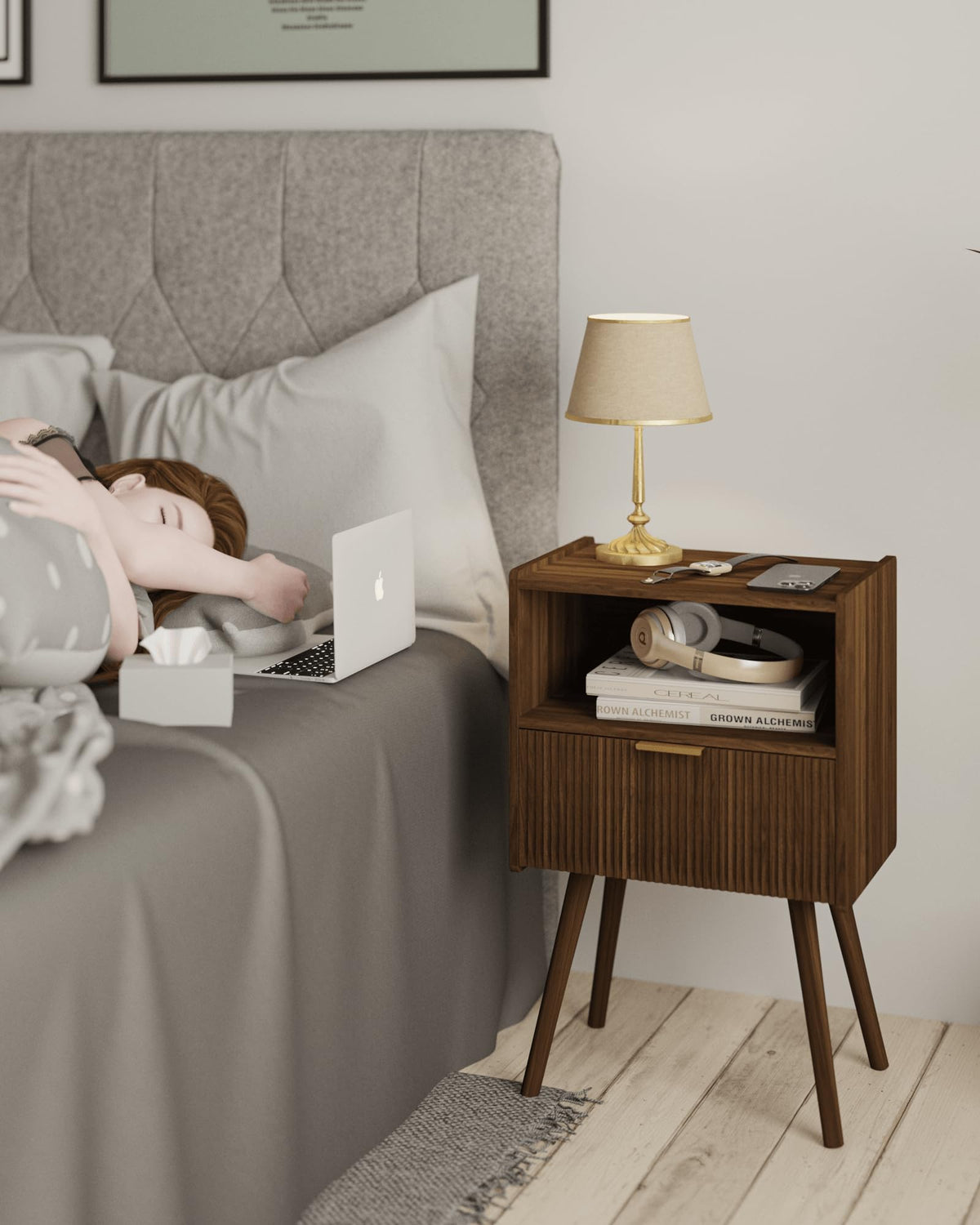 JOONEE Nightstand,Modern Bedside Table with Storage Drawer and Open Wood Shelf, for Living Room, Bedroom and Small Spaces, Accent Night Stand with Solid Wood Legs, Easy Assembly,Walnut Brown