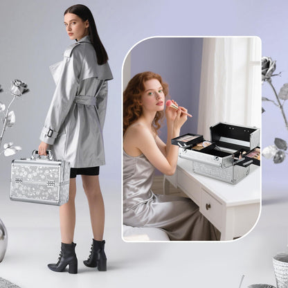 Professional Vanity Case Large Makeup Box Lockable Makeup Case Beauty Organiser Cosmetic Make Up Organiser Box 4 Trays with Keys