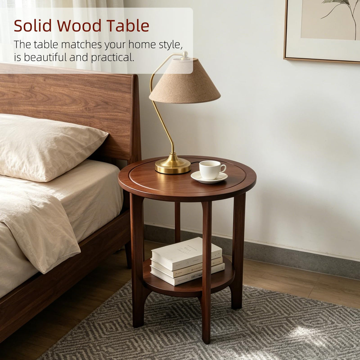 Small Round Side Table, 2-Tier Solid Wood End Table, Mid Century Modern Nightstand for Living Room, Bedroom, Easy Assembly (Walnut)