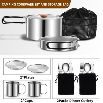 13Pcs Outdoor Camping Cookware Set, Lightweight Pot Pan with Stainless Steel Fork Spoon Kits、Cups and Plate, Perfect for Camping Trips and Climbing